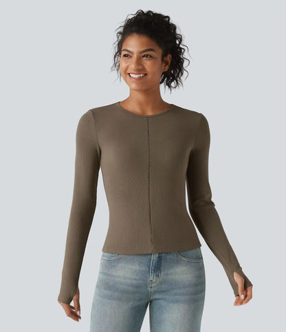 Ribbed Knit Round Neck Long Sleeve Thumb Holes Cut-out Casual T-Shirt