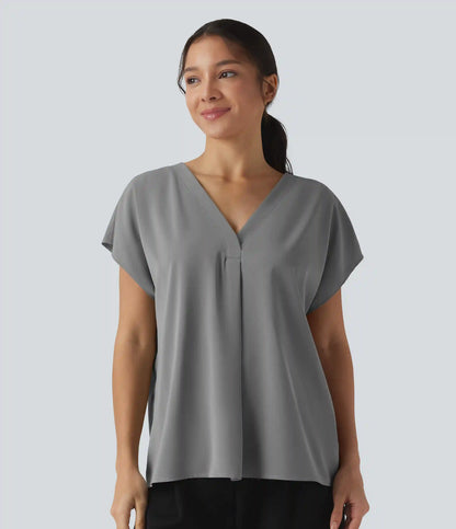 Wrinkle Recovery V-neck Short Sleeve Oversized Work Blouse