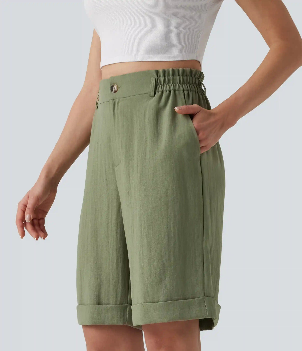 High Waisted Rolled Hem Linen-Feel Resort Bermuda Shorts 10'' with Pockets