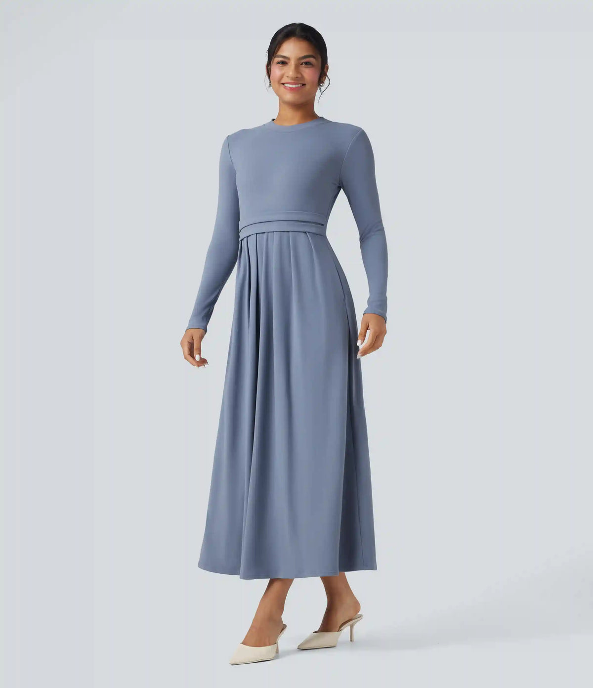 Mock-neck Long Sleeve A-line Casual Maxi Dress with Pockets