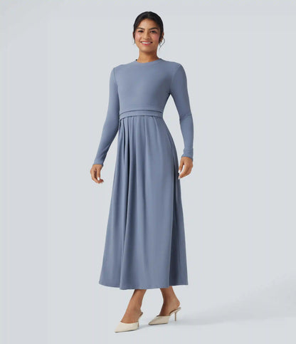 Mock-neck Long Sleeve A-line Casual Maxi Dress with Pockets