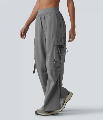 Mid Rise Ruched Tie Workout Cargo Bootcut Pants with Pockets