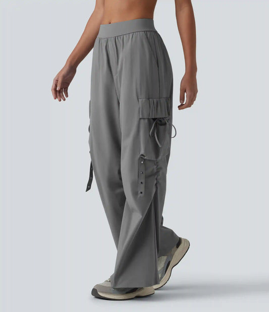 Mid Rise Ruched Tie Workout Cargo Bootcut Pants with Pockets