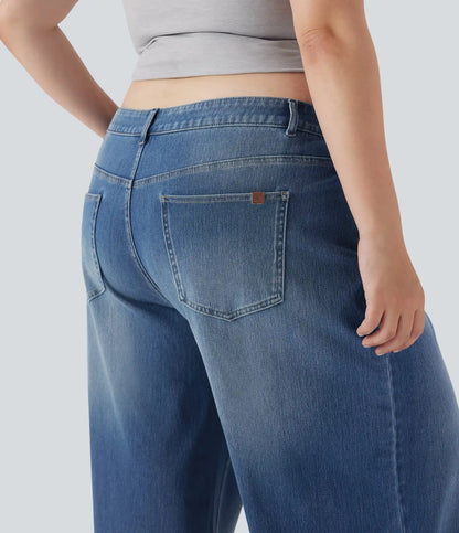 Plus Size Halara Flex™ Asymmetric Low Rise Wide Leg Washed Casual Jeans with Pockets