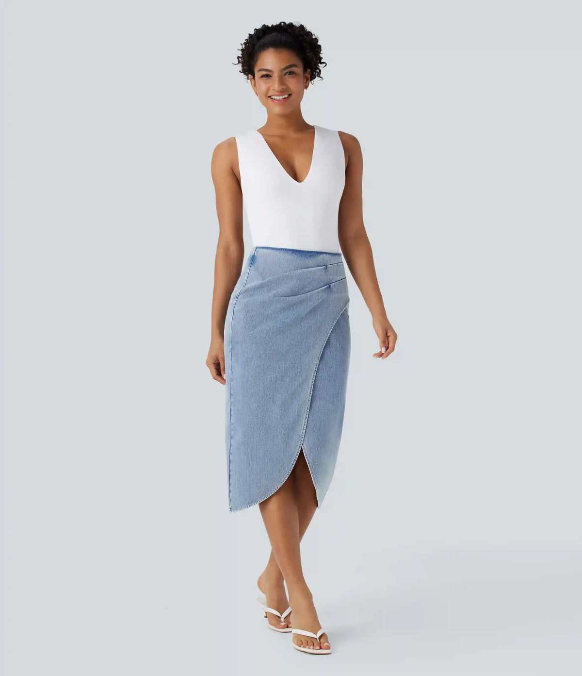 Halara Flex™ High Waisted Back Zipper Ruched Tulip Hem Midi Washed Denim Casual Skirt