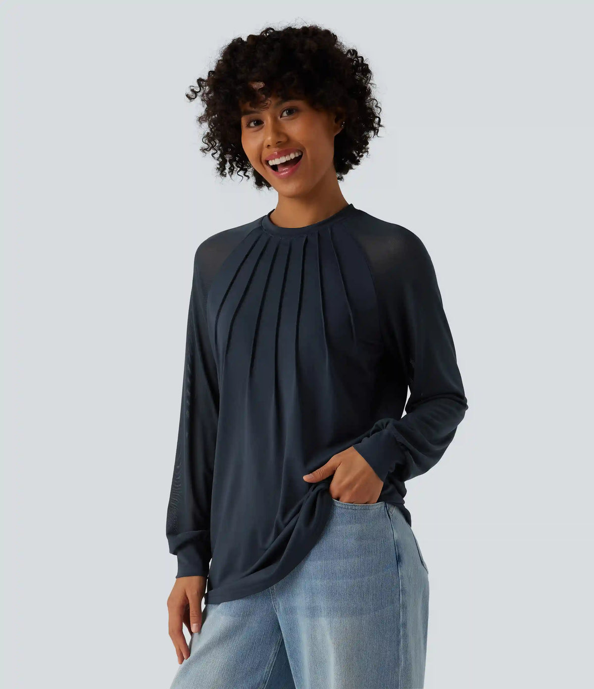 Round Neck Raglan Long Sleeve Contrast Mesh Casual Blouse