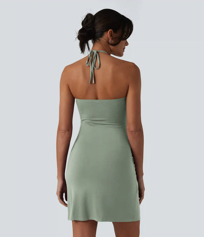 Halter Tie Back Mini Resort Dress with Pockets