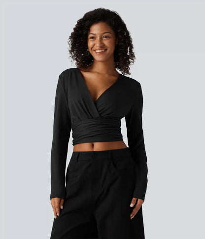 V Neck Long Sleeve Lace Up Work Top