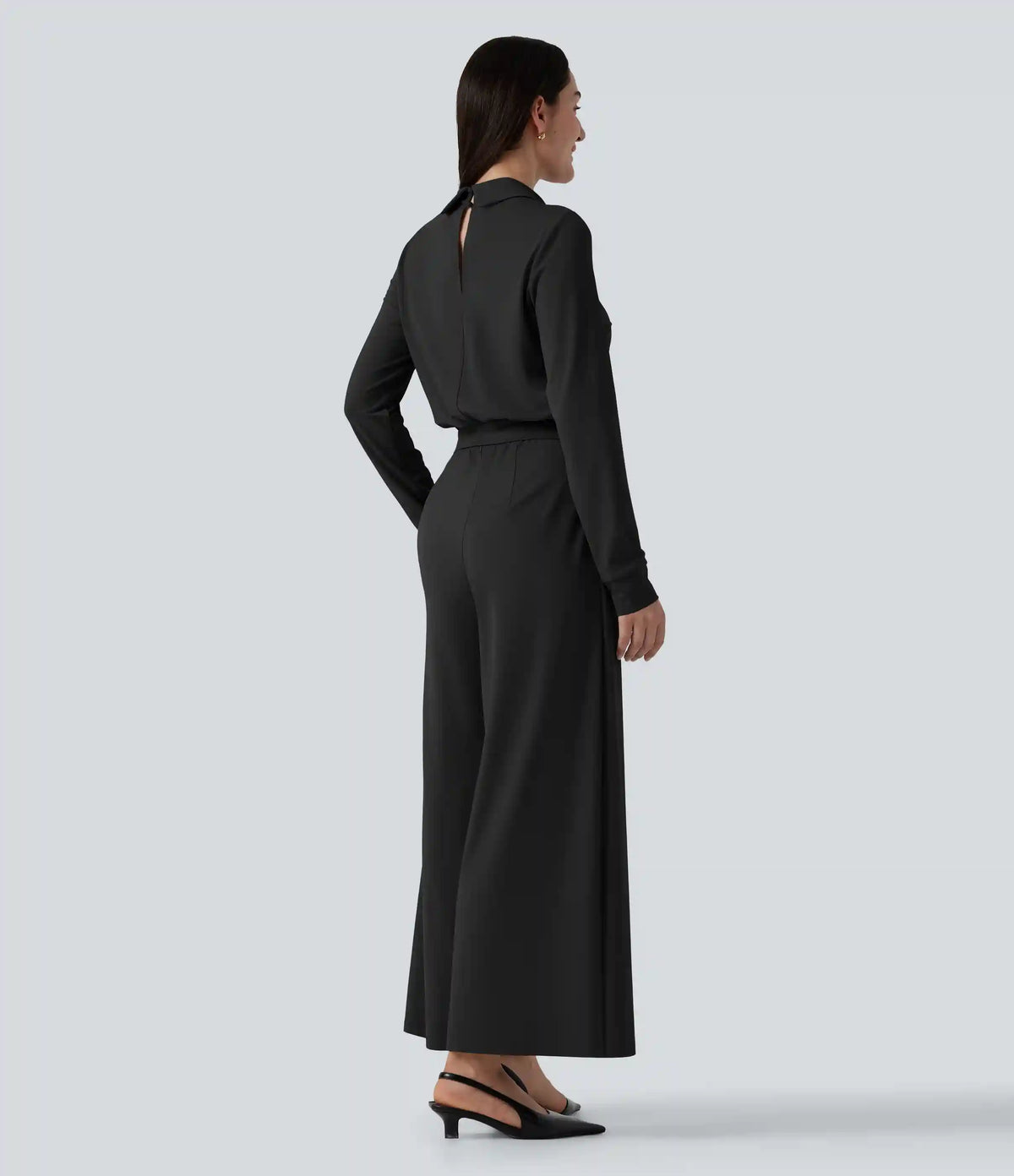 V Neck Long Sleeve Wide Leg Work Jumpsuit with Pockets-Easy Peezy Edition