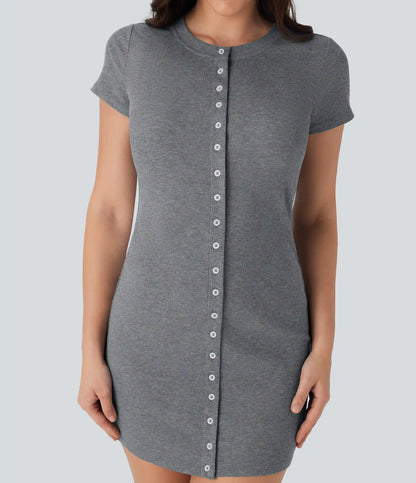 Ribbed Knit Round Neck Mini Casual Dress