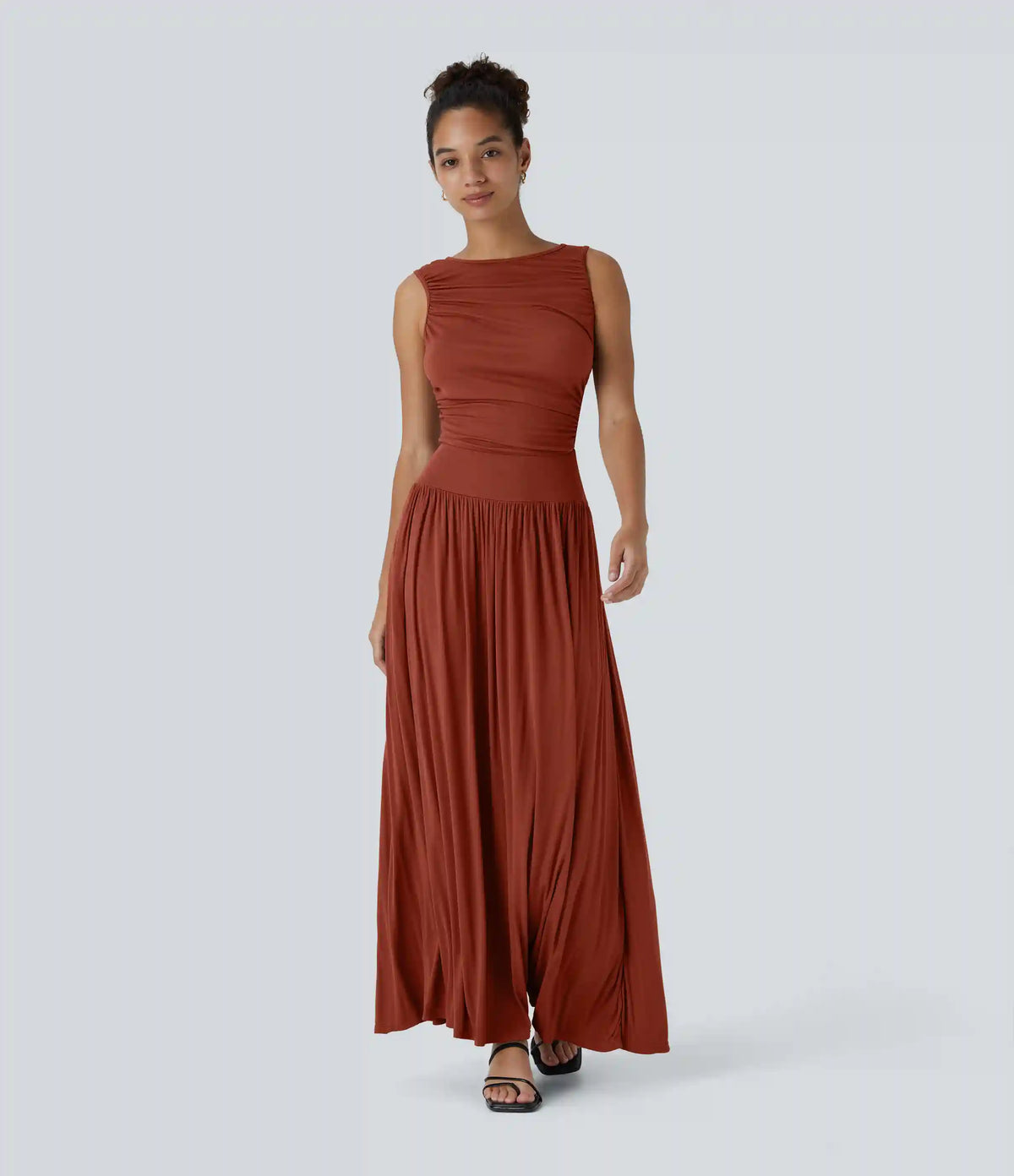 Ribbed Boat Neck Asymmetric Strap Ruched Pocket Flowy Maxi Casual Dress