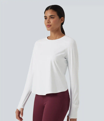 SoftlyZero™ Airy Quick Dry Round Neck Raglan Long Sleeve Mesh Back Crossover Yoga Sports Top with Thumb Holes