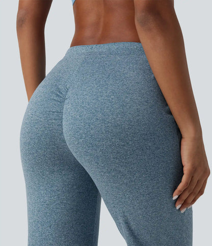Mid Rise Drawstring Scrunch Heathered Yoga Bootcut Pants with Pockets