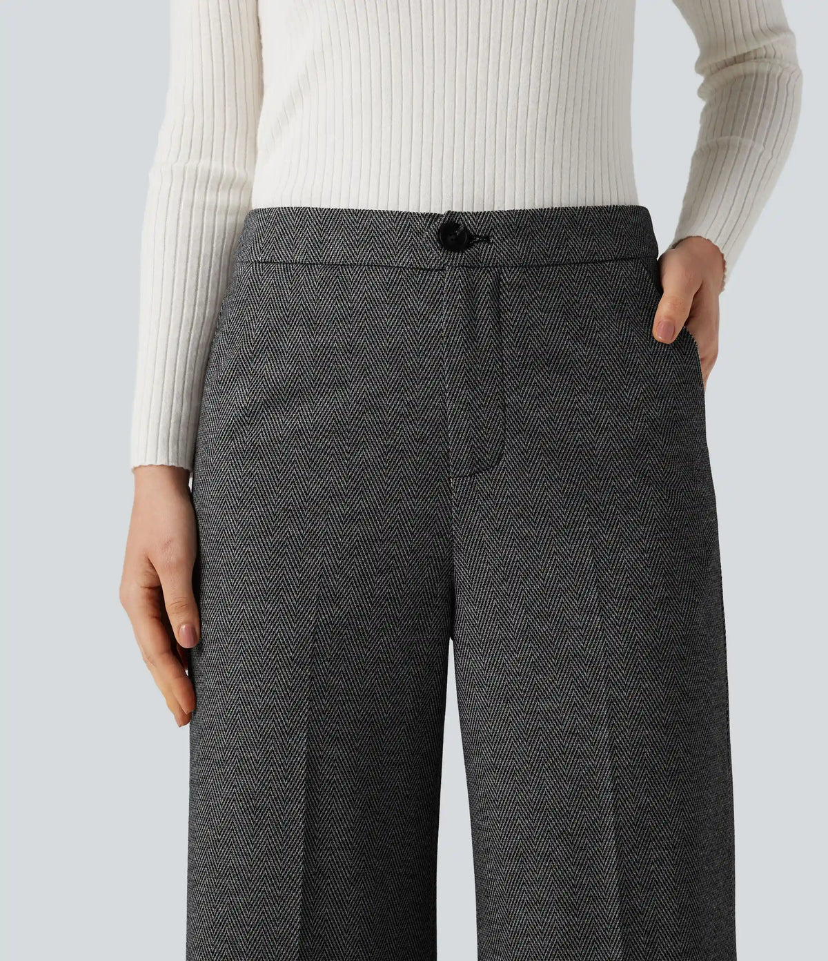 High Waisted Wide Leg Herringbone Work Pants with Pockets