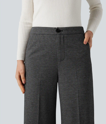 High Waisted Wide Leg Herringbone Work Pants with Pockets