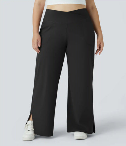 DayStretch Crossover Pocket Hem Plus Size Wide Leg Yoga Pants-Smile