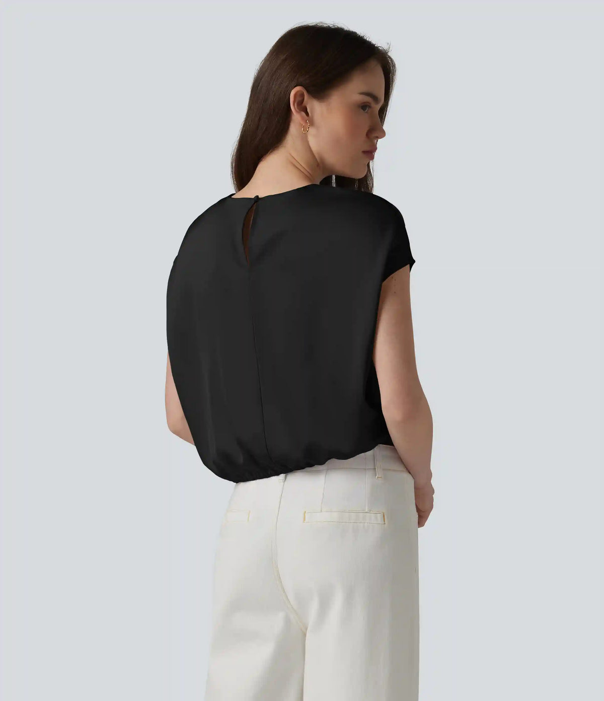 Round Neck Keyhole Back Cap Sleeve Satin Work Top