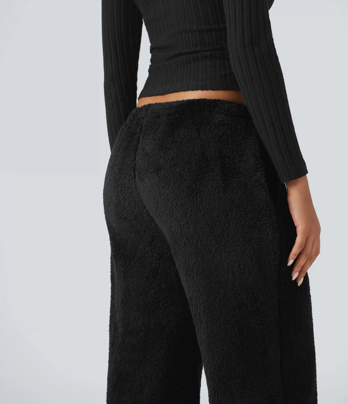 Mid Rise Drawstring Teddy Straight Leg Casual Pants with Pockets