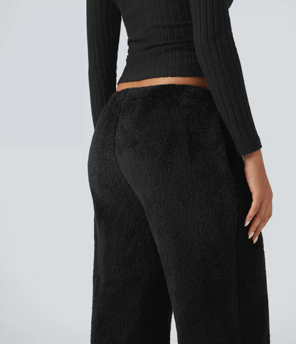 Mid Rise Drawstring Teddy Straight Leg Casual Pants with Pockets