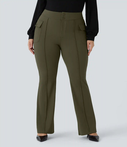 High Waisted Side Flap Pocket Flare Plus Size Casual Cargo Pants