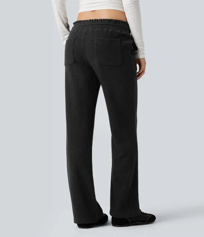 Ribbed Knit Low Rise Drawstring Casual Bootcut Pants with Pockets