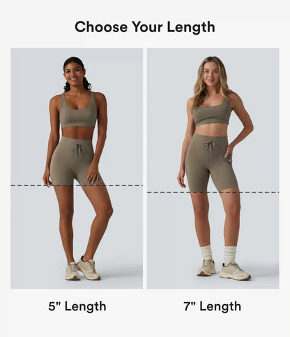 High Waisted Drawstring Plain Yoga Biker Shorts 7'' with Pockets