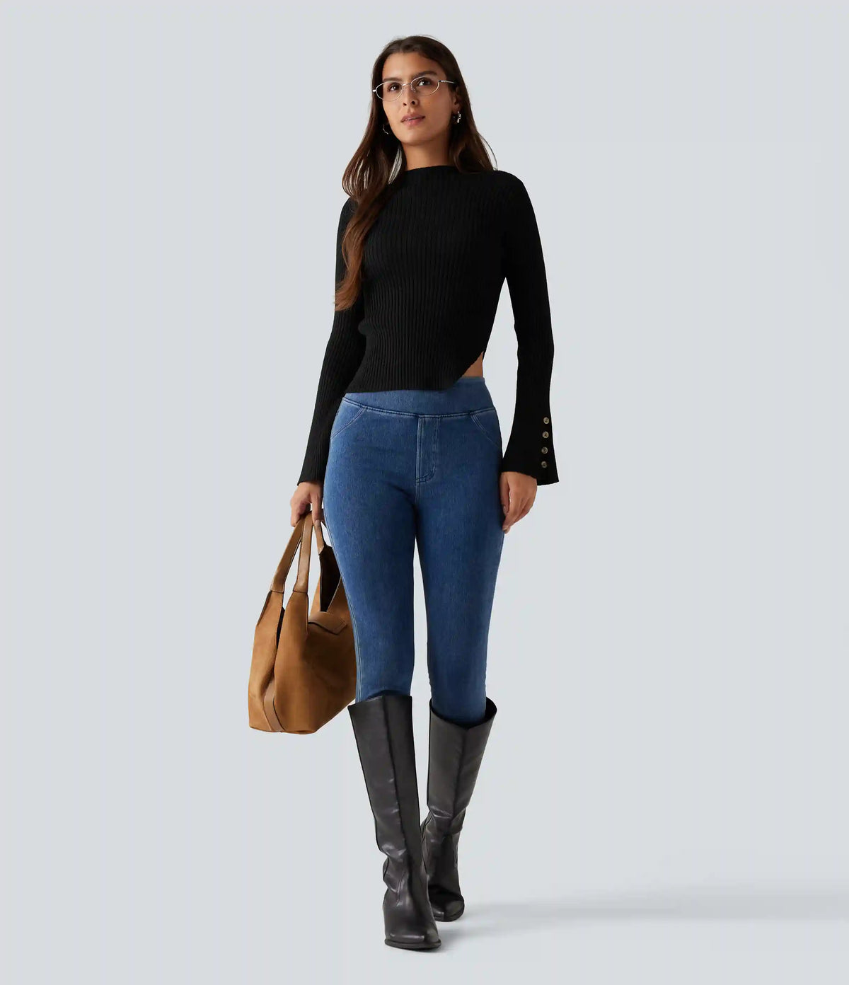 Ribbed Knit Stand Collar Flounce Sleeves Asymmetric Hem Slim Work Sweater