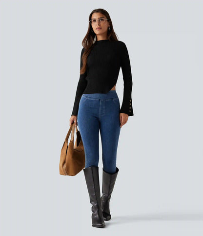 Ribbed Knit Stand Collar Flounce Sleeves Asymmetric Hem Slim Work Sweater
