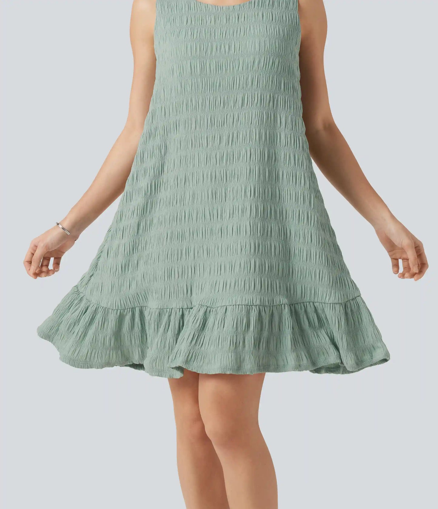 Round Neck Built-in Bra Sleeveless Ruffle Hem Mini Casual Dress DD-F Cups