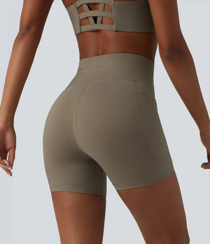 High Waisted Drawstring Plain Yoga Biker Shorts 5'' with Pockets
