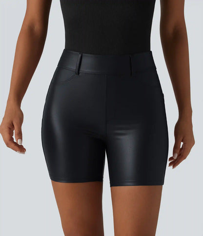 High Waisted Stretchy PU Casual Biker Shorts 5'' with Pockets
