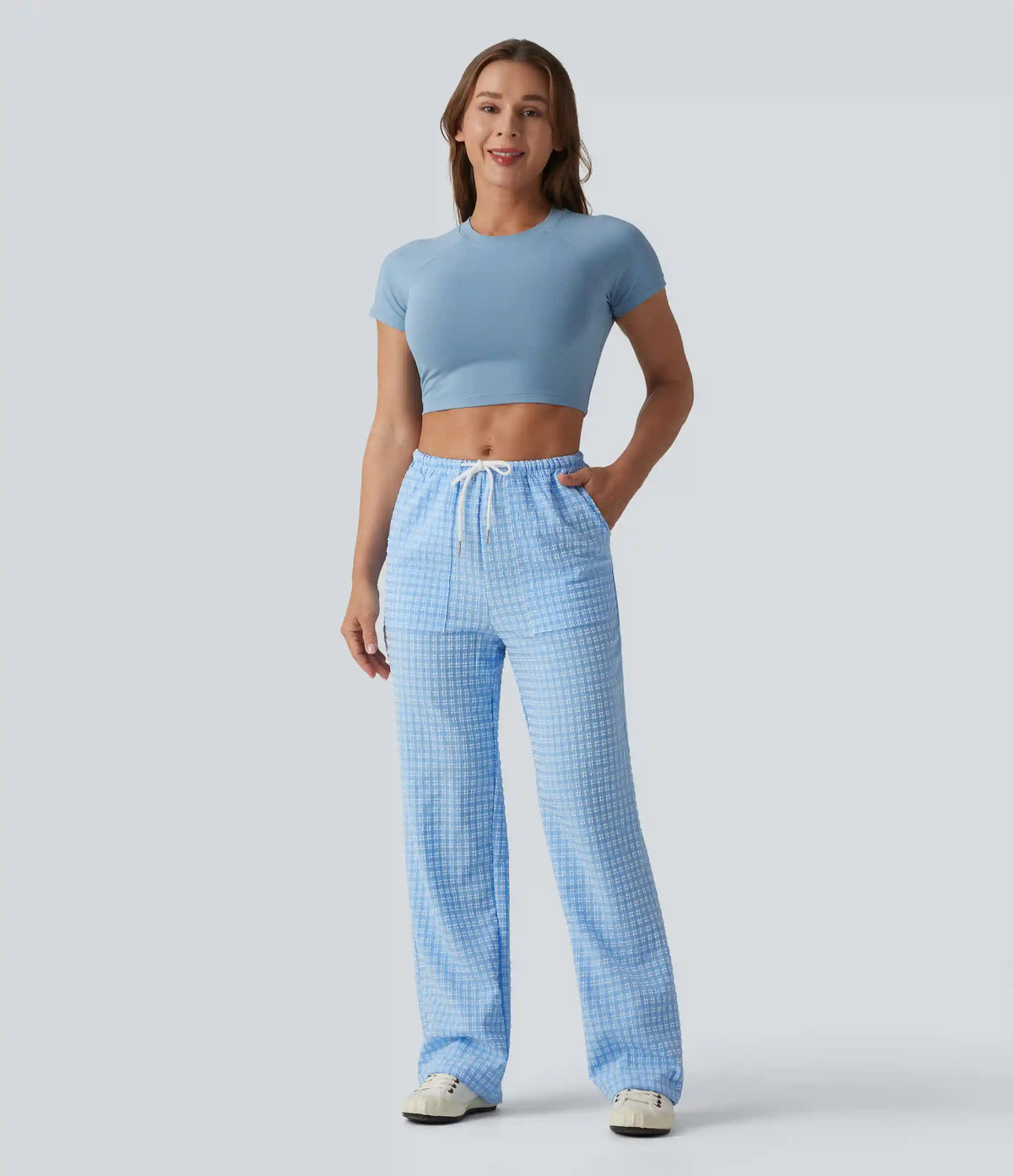 Mid Rise Drawstring Straight Leg Gingham Casual Pants with Pockets