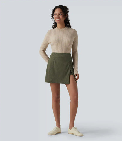 High Waisted Back Zipper Split Hem 2-in-1 Corduroy Casual Skirt-Longer Length