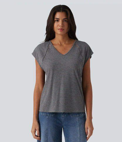 V Neck Batwing Short Sleeve Heathered Casual T-Shirt
