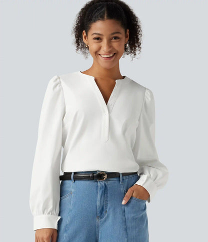 Henley Neck Puff Long Sleeve Casual Blouse