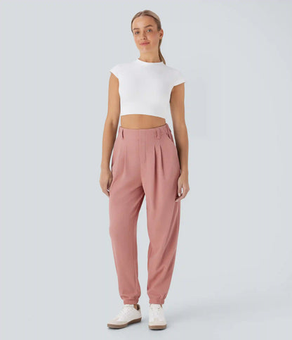 High Waisted Tapered Waffle Casual Joggers with Pocket