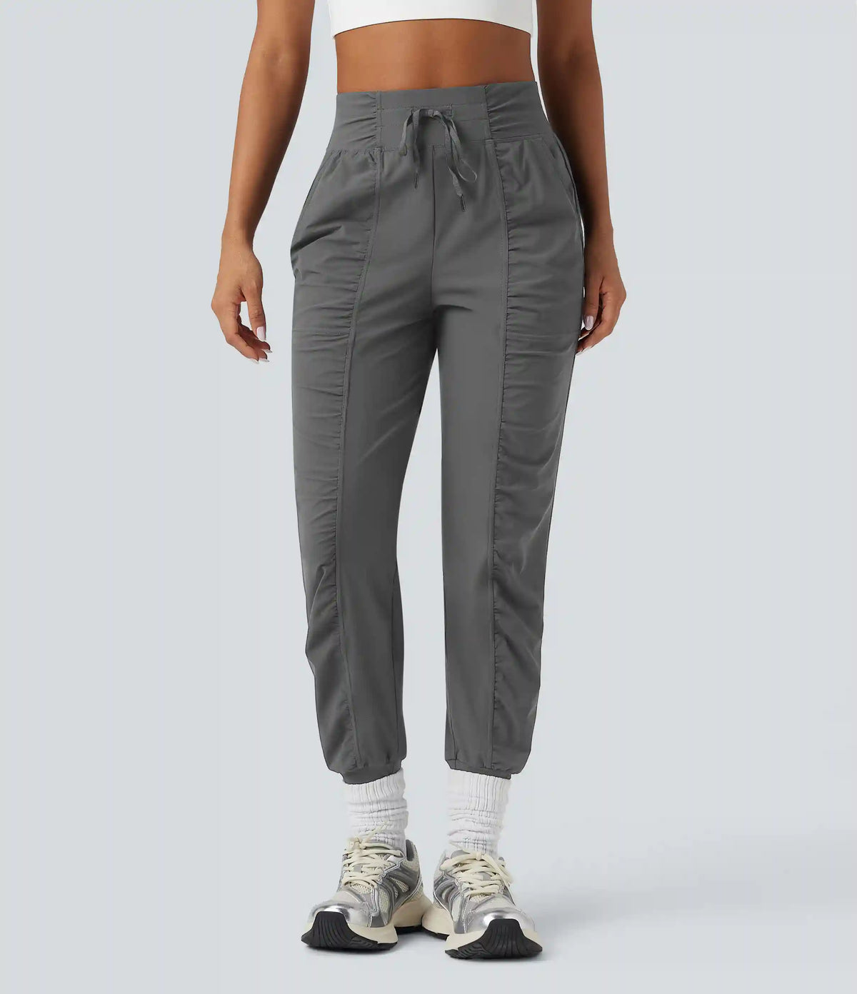 High Waisted Drawstring Ruched Tapered Quick Dry Cool Touch Dance Joggers with Pockets-UPF40+