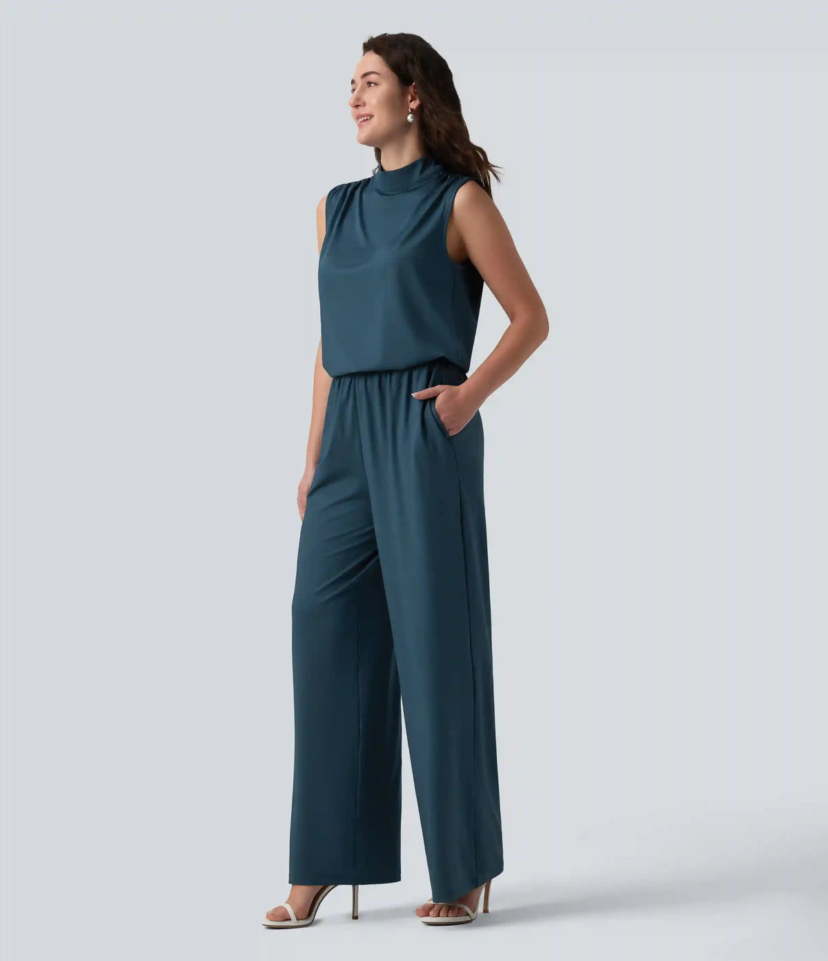 Stand Collar Sleeveless Straight Leg Bridesmaid And Wedding Guest Jumpsuit with Pockets-Easy Peezy