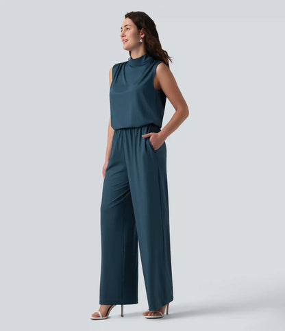 Stand Collar Sleeveless Straight Leg Bridesmaid And Wedding Guest Jumpsuit with Pockets-Easy Peezy