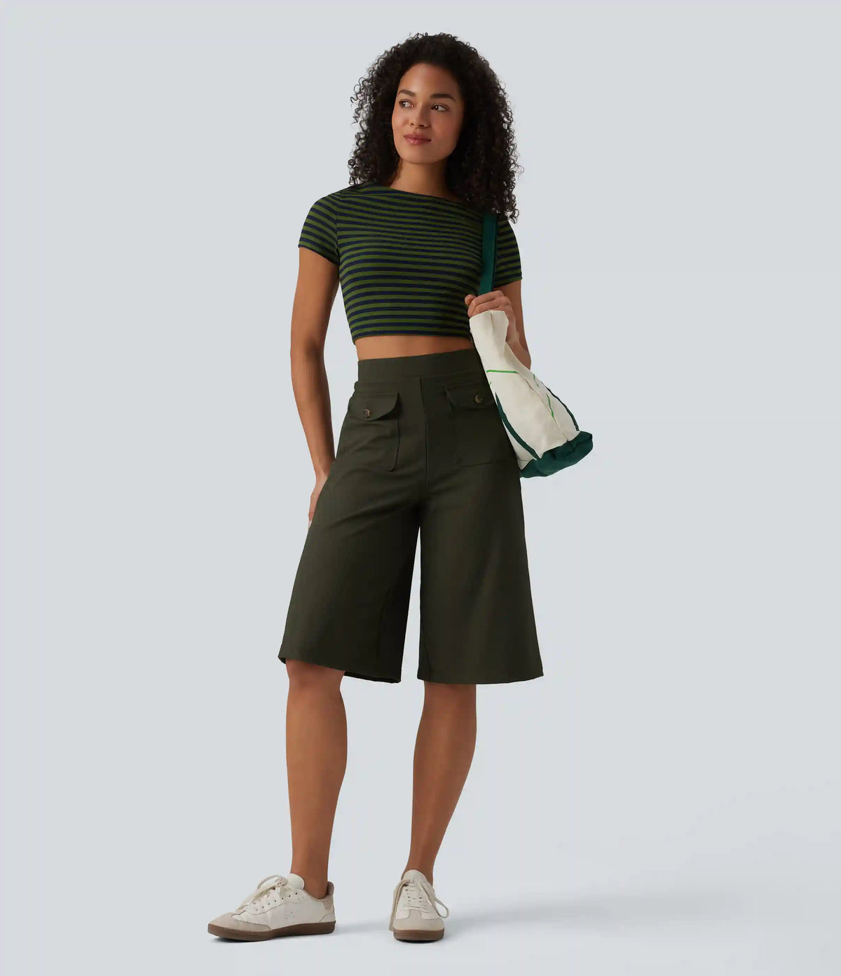 Ribbed Knit High Waisted Pedal Pushers Quick Dry Casual Wide Leg Pants with Flap Pockets-UPF50+