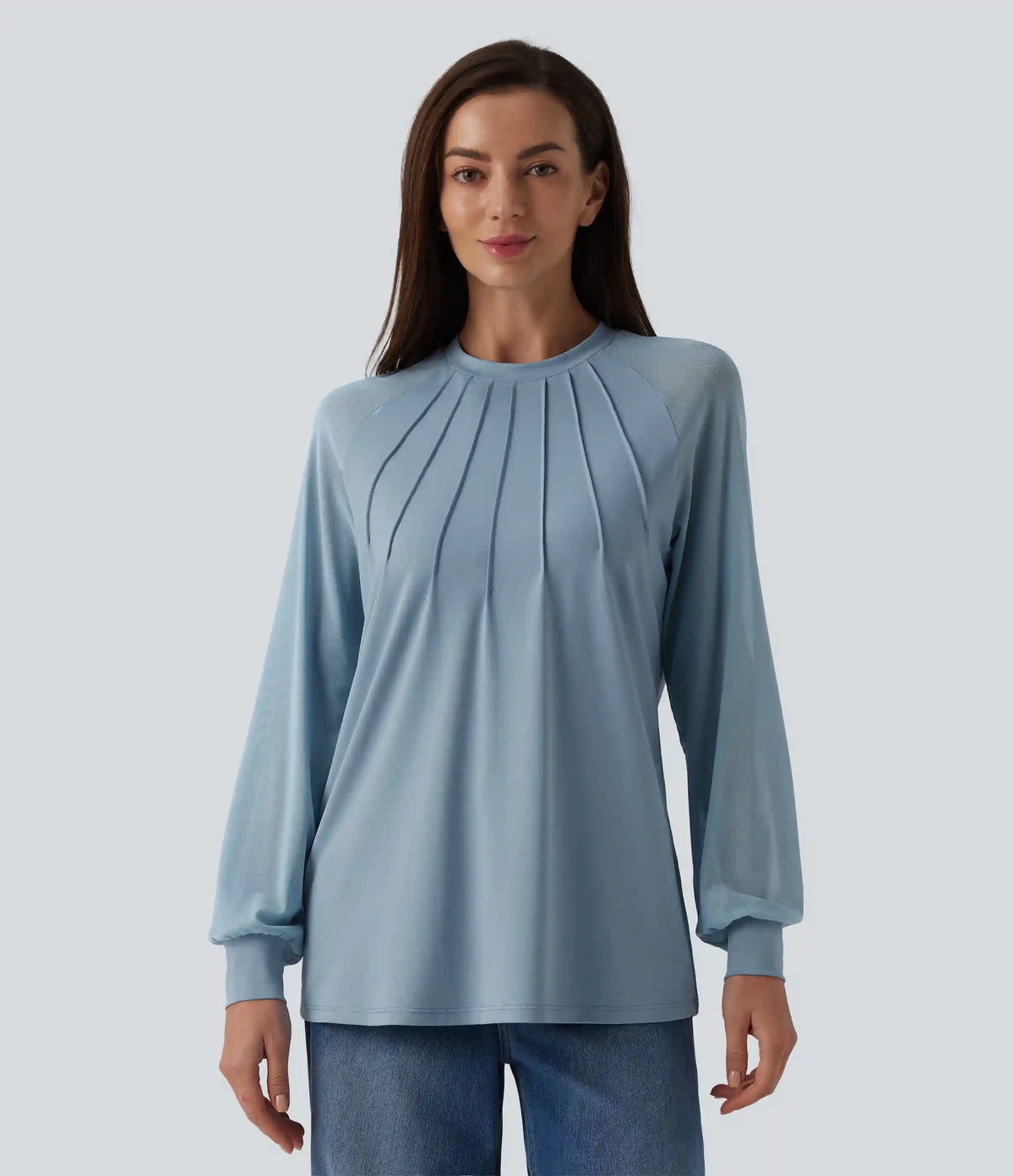 Round Neck Raglan Long Sleeve Contrast Mesh Casual Blouse