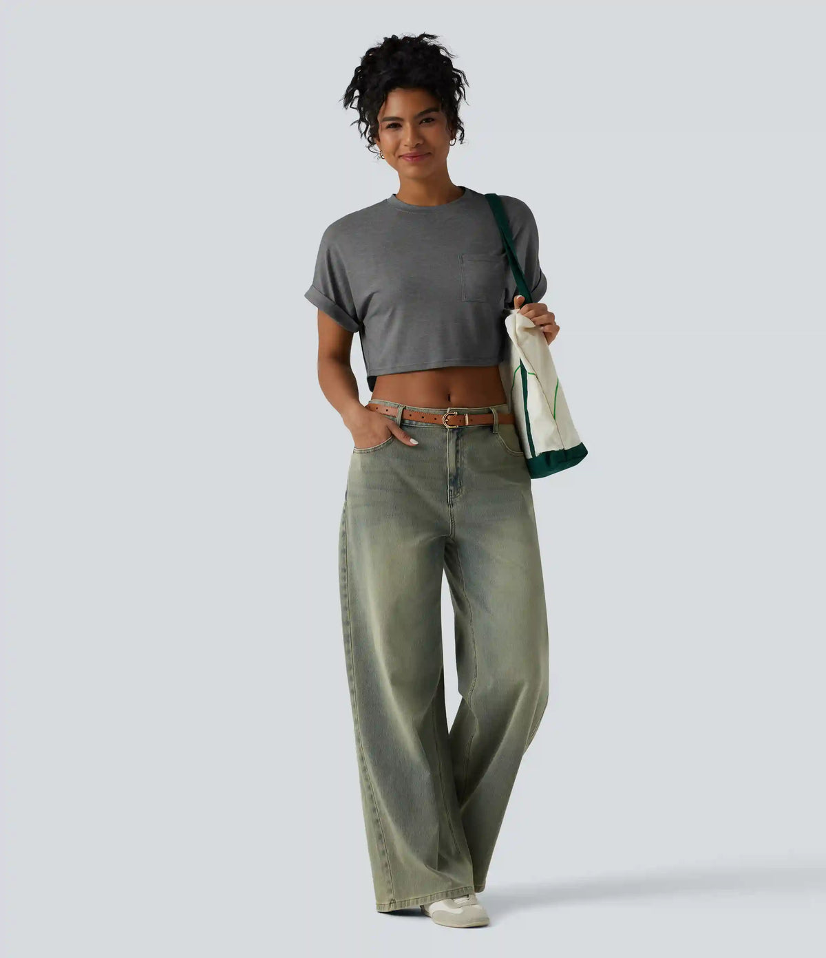 Round Neck Short Sleeve Relaxed Cropped Heathered Casual T-Shirt with Pocket