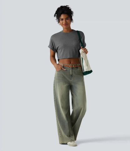 Round Neck Short Sleeve Relaxed Cropped Heathered Casual T-Shirt with Pocket