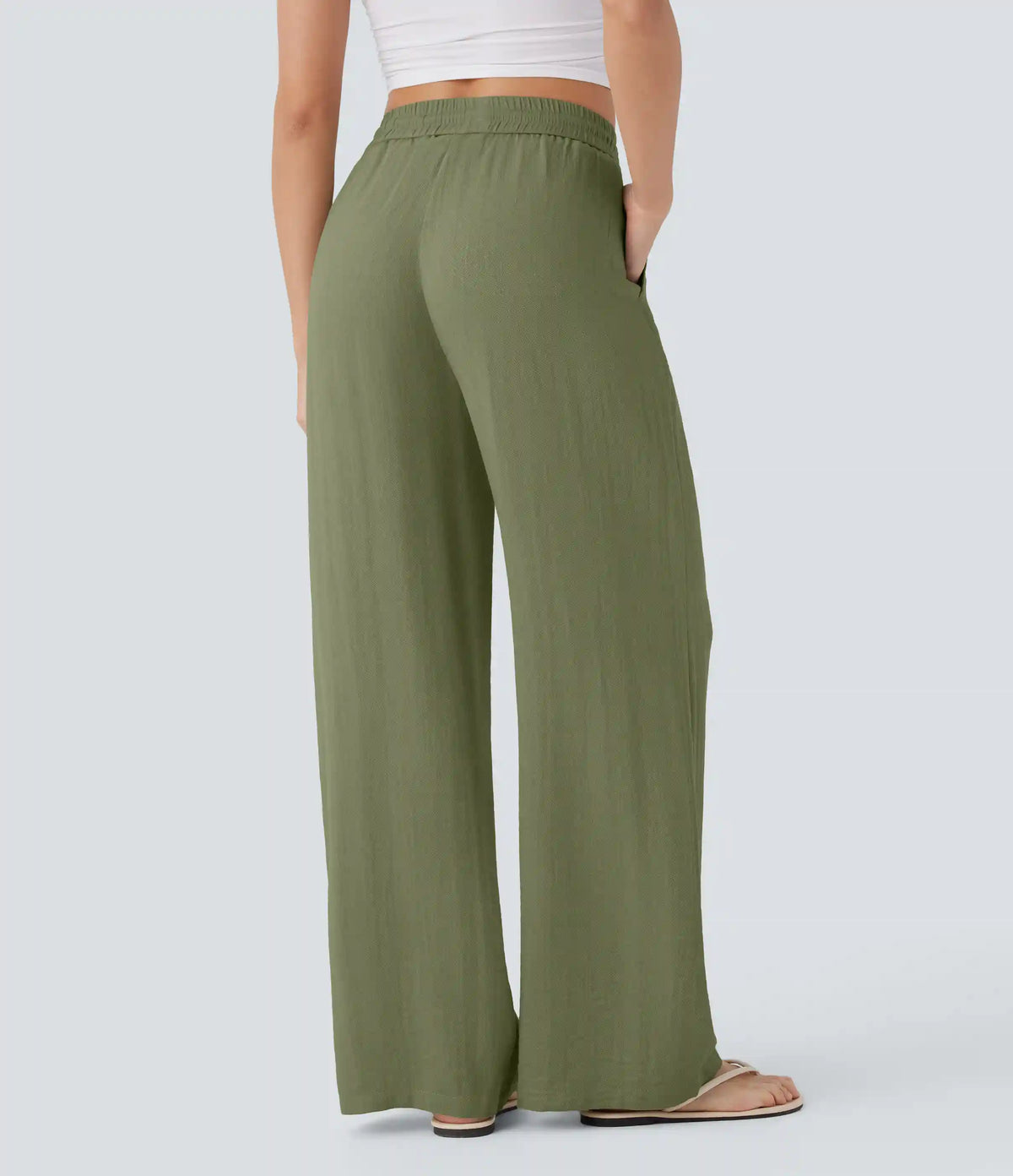 High Waisted Drawstring Pocket Wide Leg Baggy Casual Linen-Feel Pants
