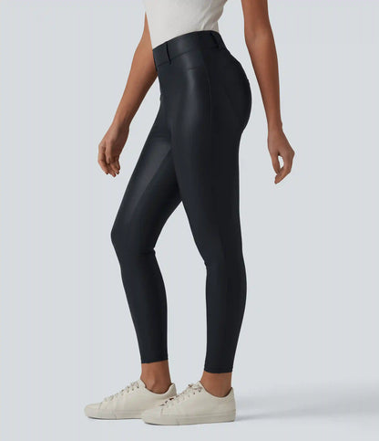 High Waisted Stretchy PU Casual 7/8 Leggings with Pockets