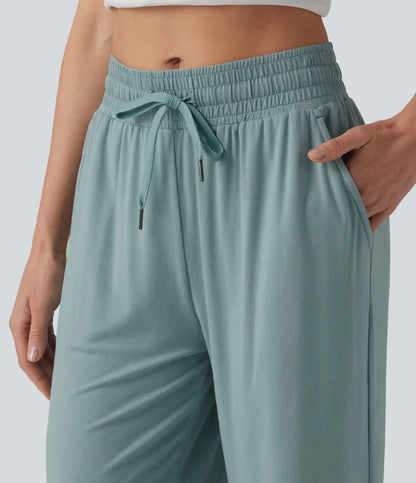 Mid Rise Drawstring Casual Baggy Pants with Pockets