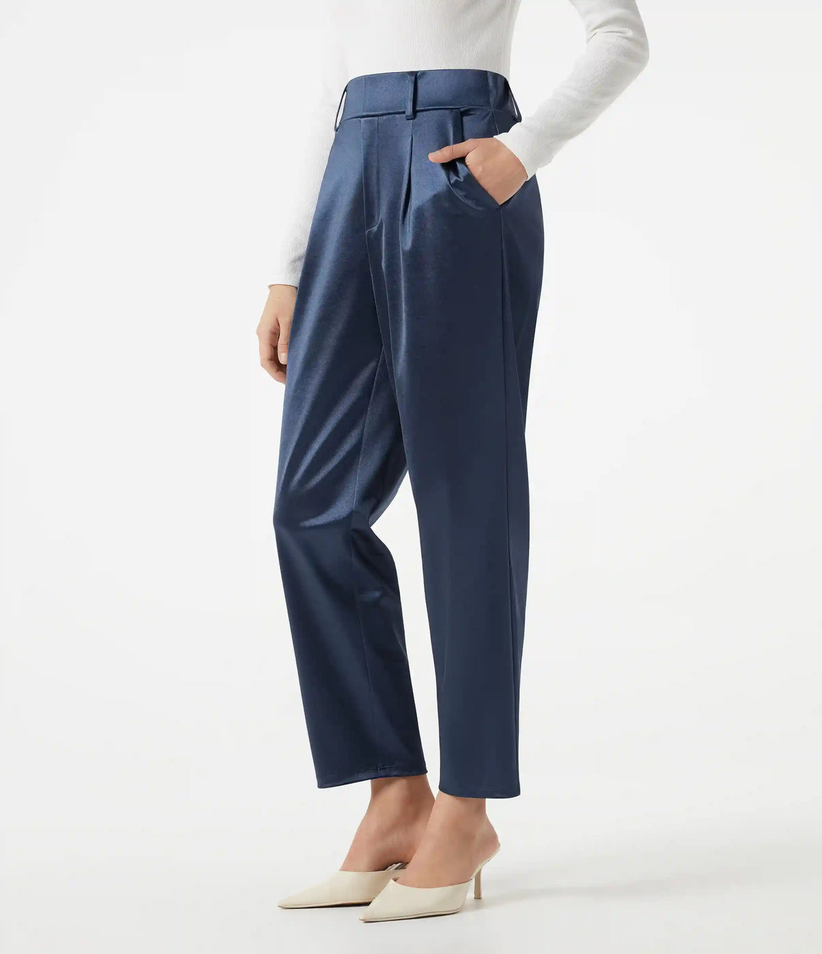 High Waisted Tapered Satin Work Pants with Pockets