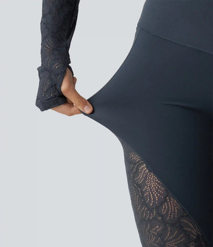 Halara UltraSculpt™ High Waisted Crossover Tummy Control Contrast Lace Yoga Flare Leggings with Pockets