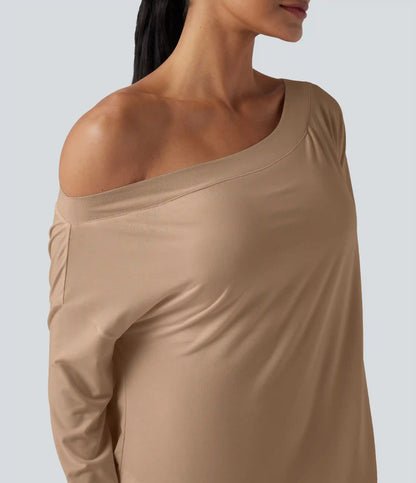 One Shoulder Long Sleeve Thumb Hole Curved Hem High Low Quick Dry Yoga Sports Top-Built-in Bra