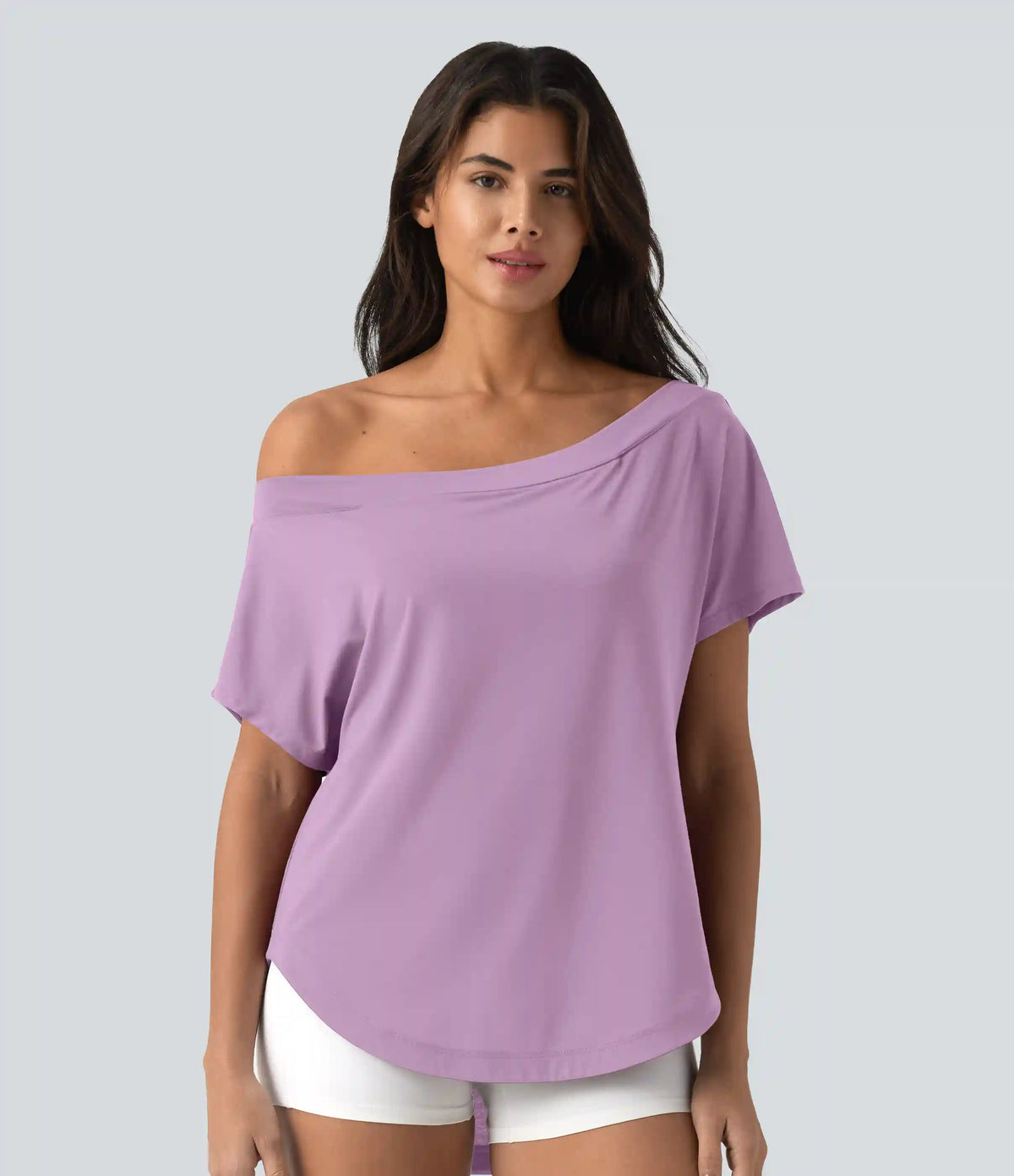 One Shoulder Short Sleeve Curved Hem High Low Quick Dry Yoga Sports Top-Built-in Bra